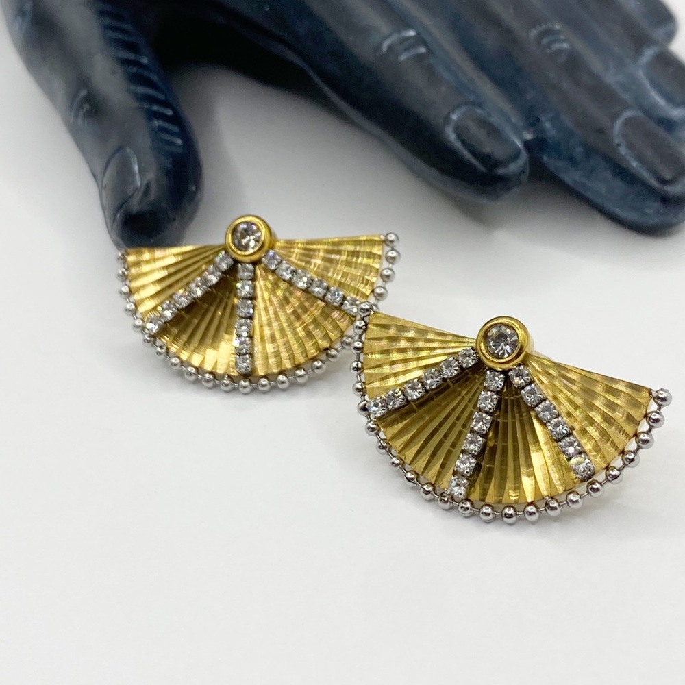 NEW Gold Fan Shaped Rhinestone Statement Earrings - Picture 6 of 8